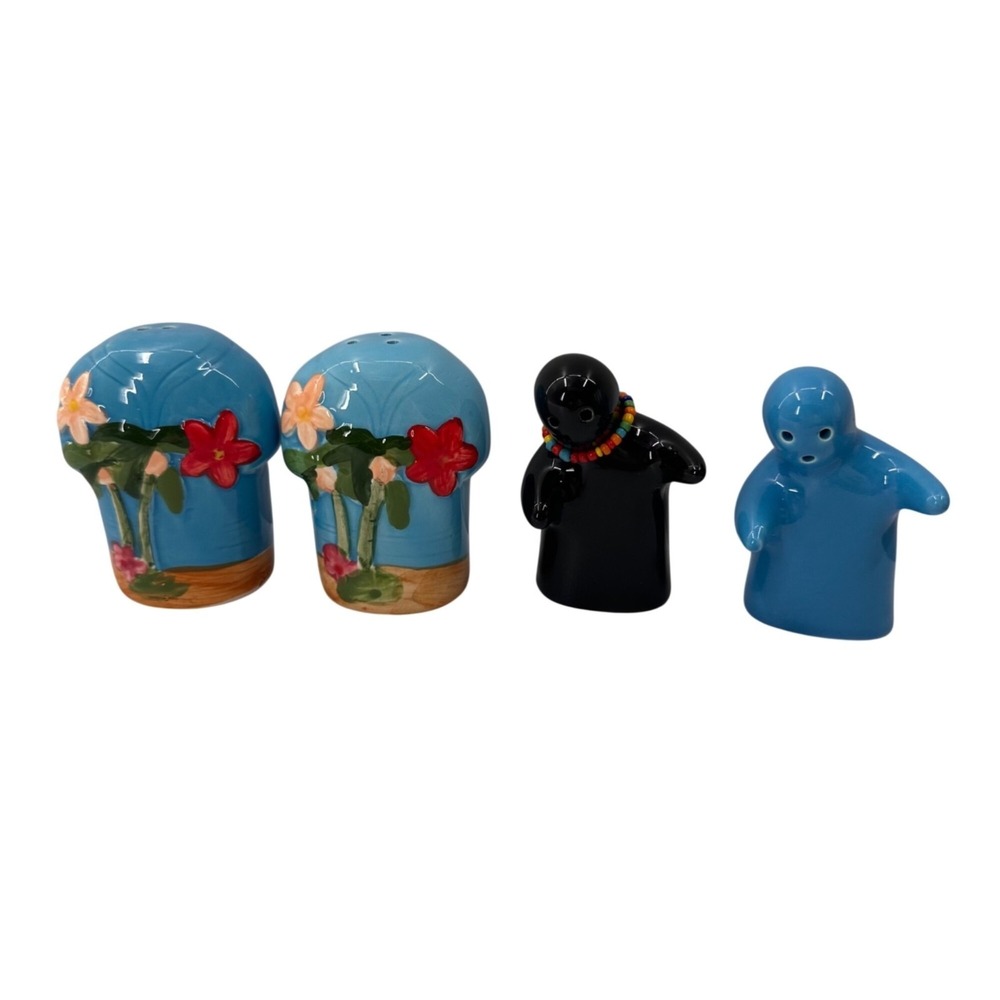 Hand-Painted Ceramic Salt & Pepper Shakers Set Floral Ghost Figurines Tropical